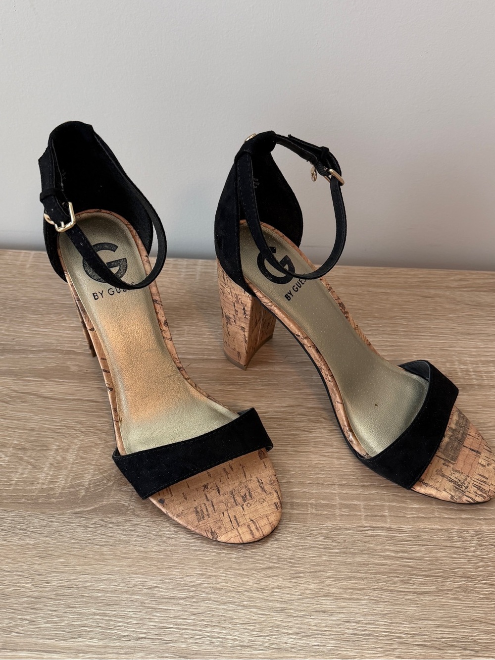 G by GUESS Black Cork Block Heel Sandals with Ankle Strap